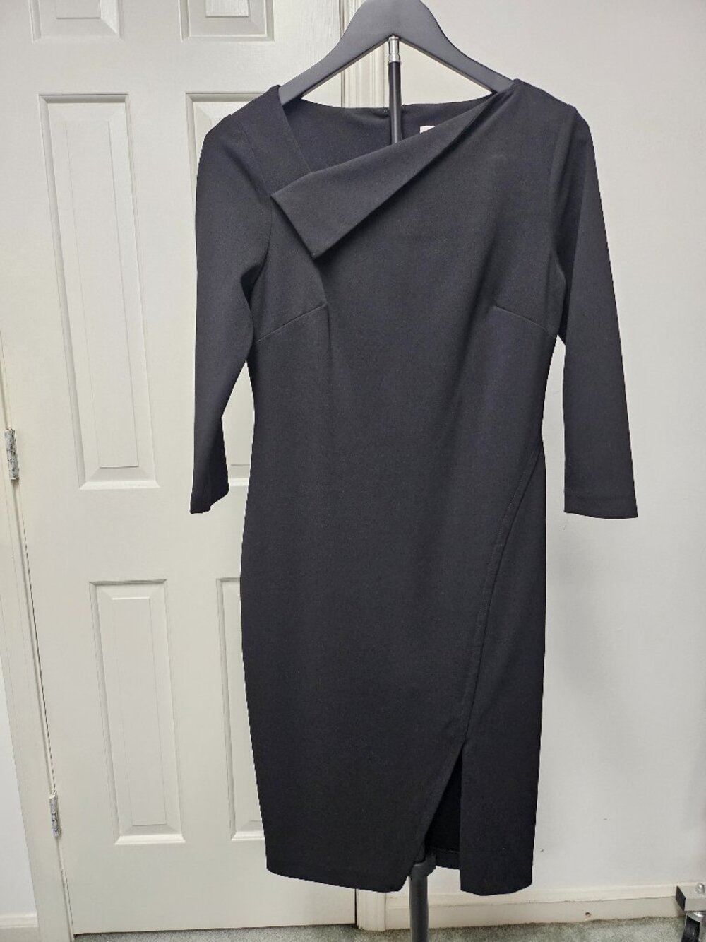 Calvin Klein Black Three Quarter Sleeve Sheath Dress Asymmetrical Neck - Size 4